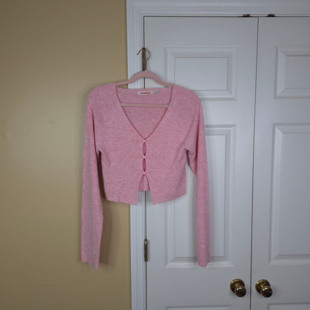 Catamaran Long Sleeve Button Front Cropped Cardigan Sweater in Pink Size XL